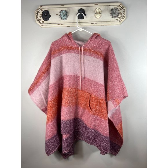 Time and Tru Jackets & Blazers - Time & Tru Women’s Alpine Poncho w/ Hood Pink Orange Purple Stripes Shawl Medium